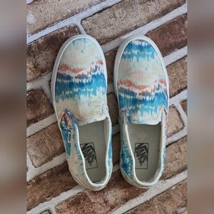 Vans Women's Blue and Orange Tie-Dye Slip-On Flats